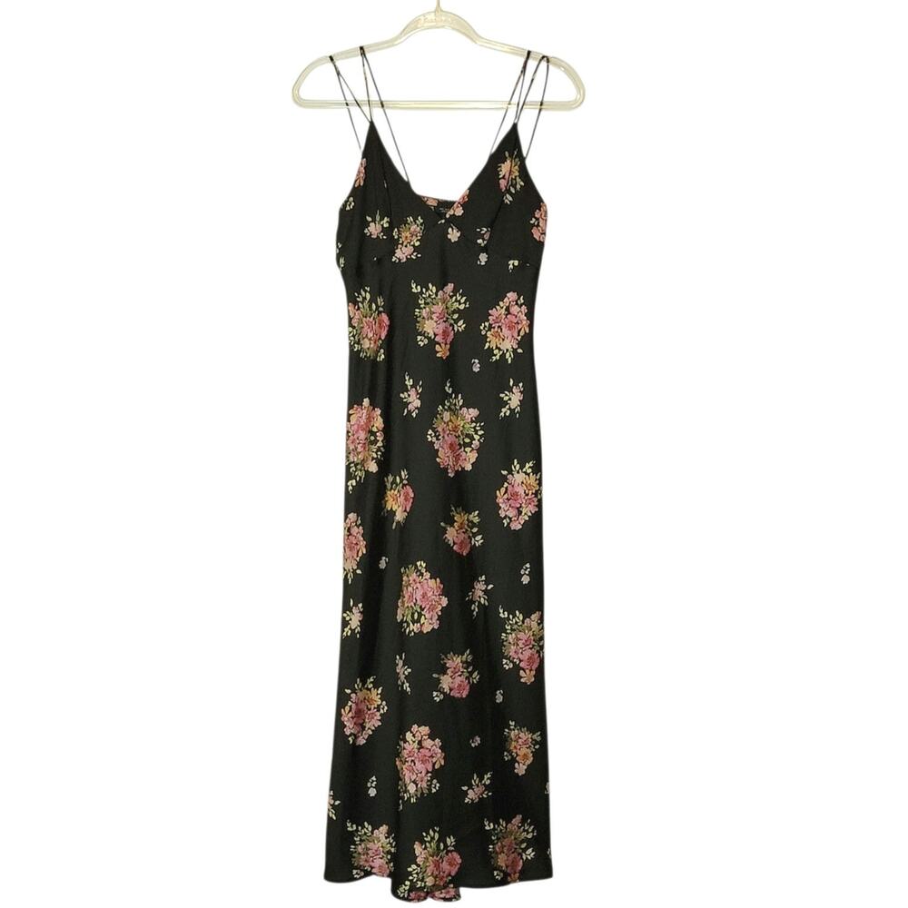 ZARA Floral Sleeveless Black Pink Midi Slip Dress Romantic Size S - Picture 2 of 16